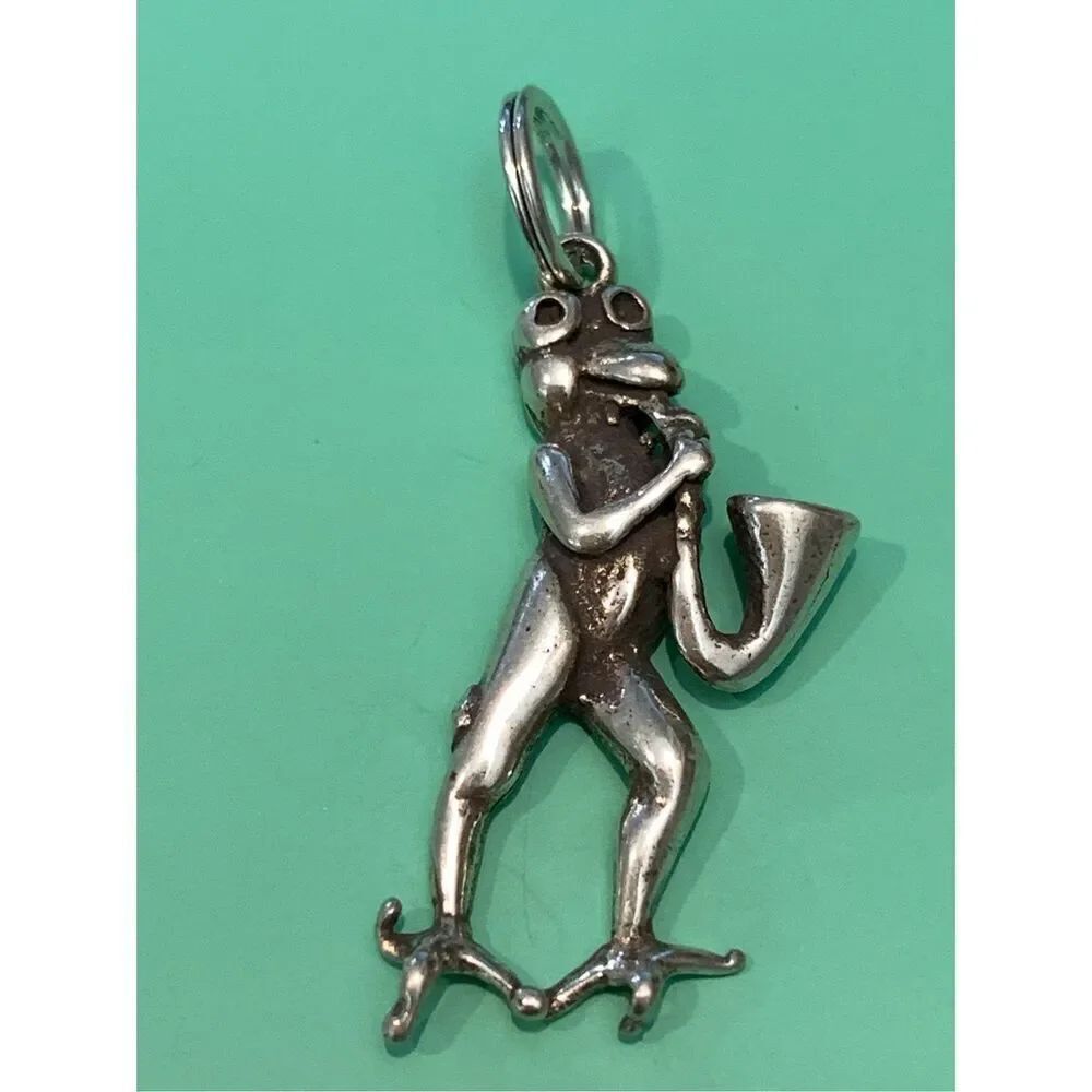 .925 Frog Playing Saxophone Sterling Silver Jewelry Charm #music #frog #sax